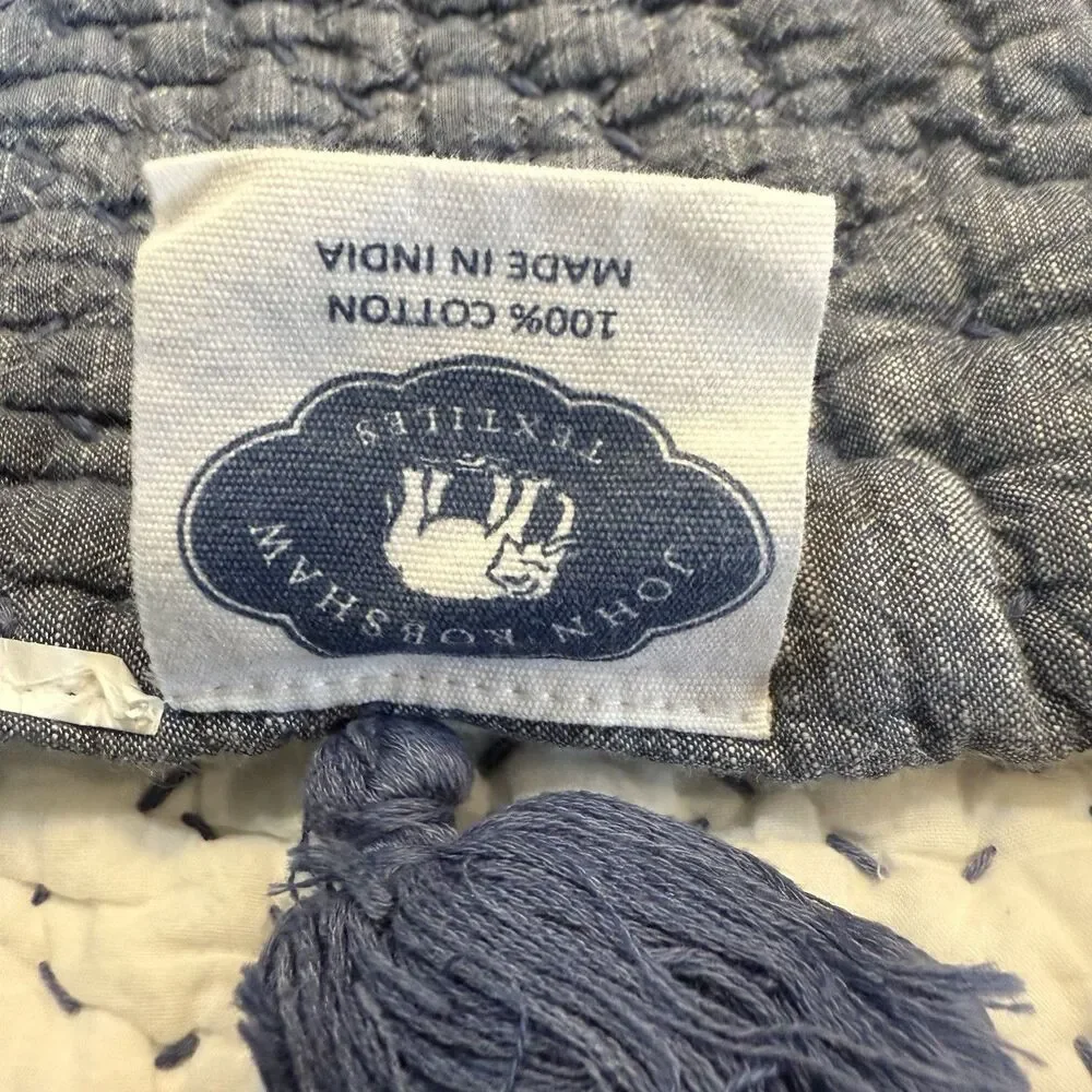 John Robshaw Throw Blue and White Hand Stitched Quilted Tassels